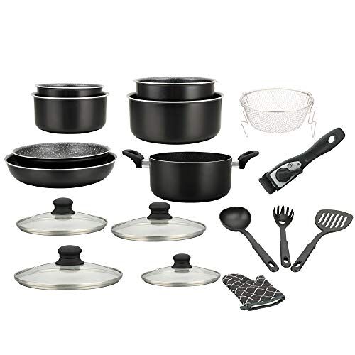 Batterie de cuisine - lot de casserole induction - set casserole et poele tous feux - set de cuisine de 17 éléments « spécial cuisson » avec casseroles et poêles revêtement marbre et poignée amovible
