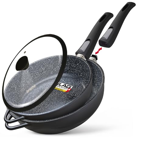briebe Set 2 Sauteuse Induction Anti Adhesive, Poêles Manche Amovible 24/28 cm avec Couvercles en Verre, Fonte d'Aluminium, ILAG GRANITE sans PFOA, Vitrocéramique, Gaz, Four MGK-19S