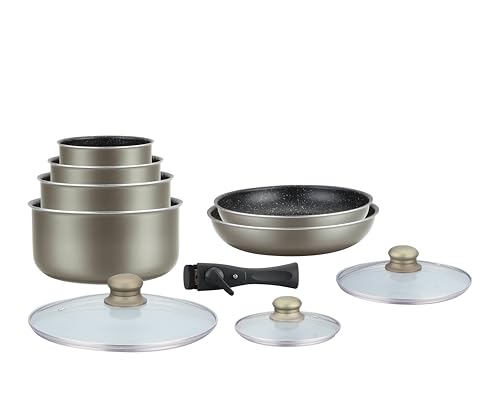 Herzberg Batterie de cuisine - lot de casserole induction - set casserole et poele tous feux - set de cuisine en revêtement pierre avec manche amovible 10 pieces HG-5000 Carbon